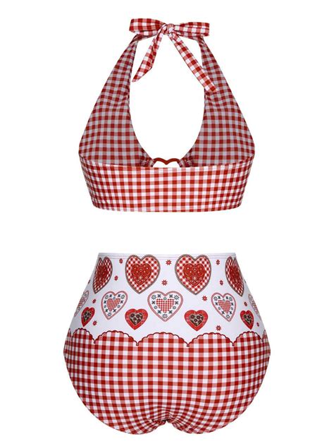 Red 1950s Halter Heart Plaids Swimsuit Retro Stage