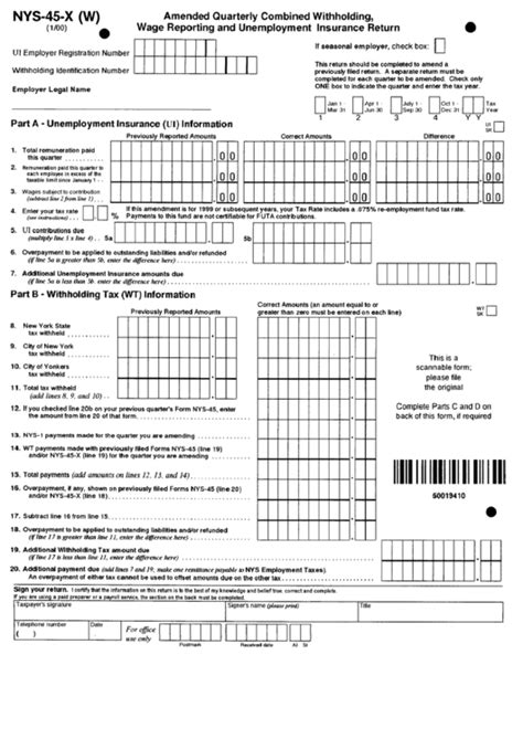 Form Nys 45 X W Amended Quarterly Combined Withholding Wage Reporting And Unemployment