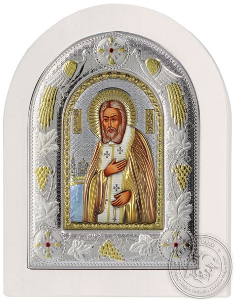 Saint Seraphim Of Sarov Silver Colored Icon In White Wood