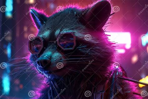 Raccoon In Cyberpunk Urban Scene With Neon Shades And Rococo Detail 3d