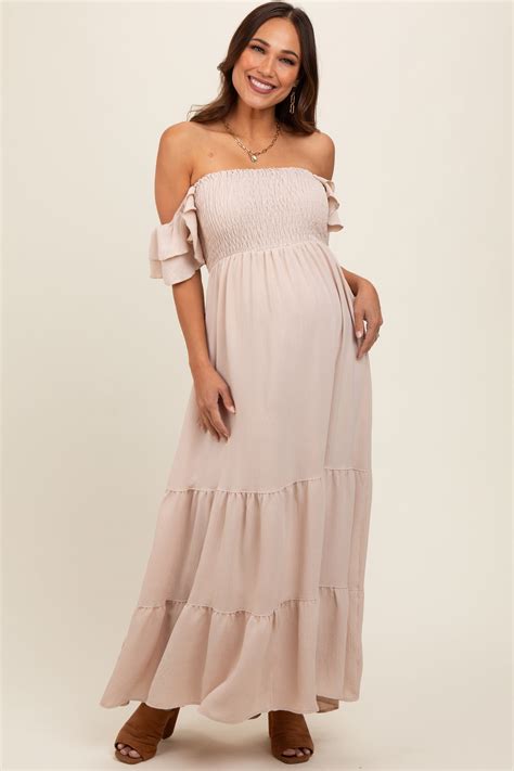 Taupe Smocked Ruffle Off Shoulder Tiered Maternity Maxi Dress Pinkblush