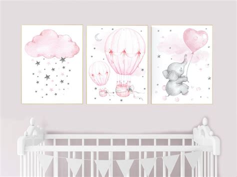 Elephant Nursery Hot Air Balloon Nursery Decor Girl Nursery Wall Art Pink Grey Cloud And