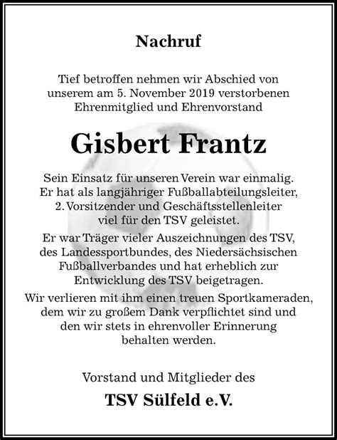 Traueranzeigen Von Gisbert Frantz Trauer Anzeigen De