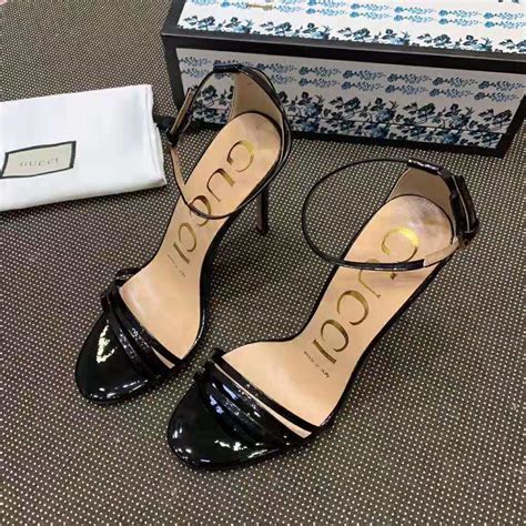 Gucci Women Patent Leather Sandal 114cm Thin Heel Black Lulux