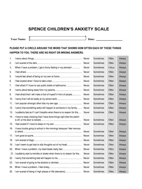 Fillable Online Spence Childrens Anxiety Scale Fax Email Print Pdffiller