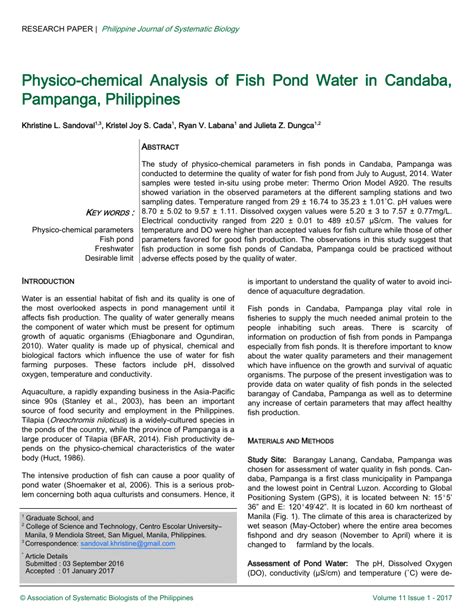 Pdf Physico Chemical Analysis Of Fish Pond Water In Candaba Pampanga