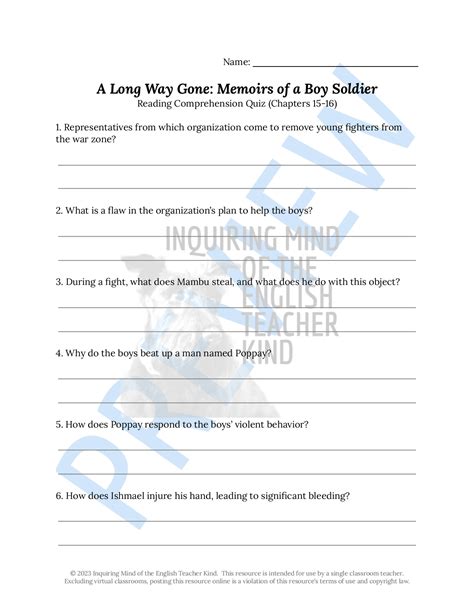 A Long Way Gone by Ishmael Beah Chapters 15 and 16 Quiz | Teaching