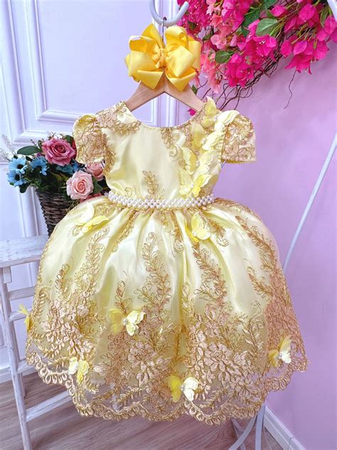 Vestido Infantil Amarelo Renda Realeza E Aplique Borboletas Rosa