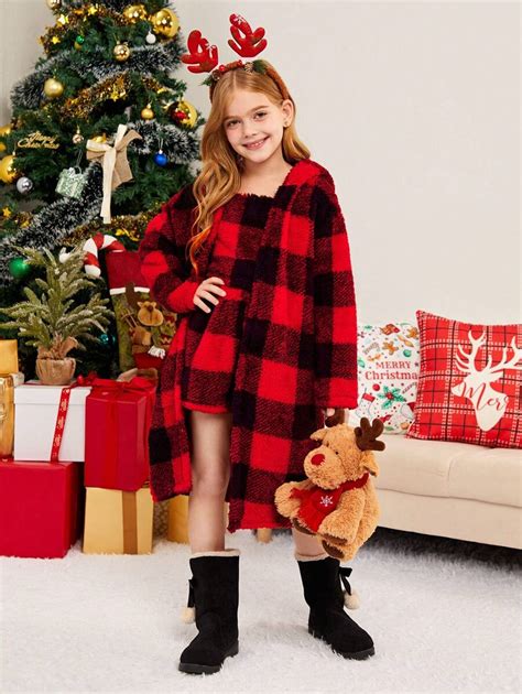 Shein Tween Girl Buffalo Plaid Pattern Drop Shoulder Hooded Flannel