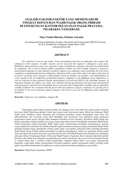 Pdf Analisis Faktor Faktor Yang Memengaruhi Tingkat Kepatuhan Wajib