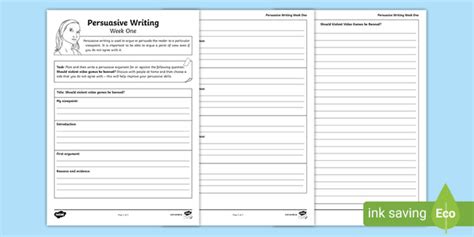 Persuasive Writing Week One Homework Worksheet