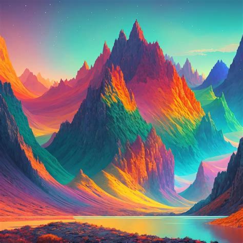 Premium AI Image | A colorful painting of mountains with a river in the middle.