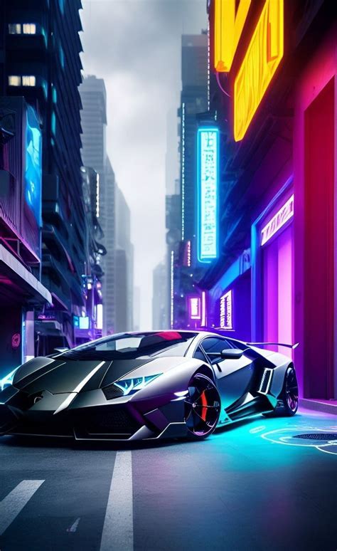 A Car Parked On The Side Of A Road In Front Of Tall Buildings With Neon