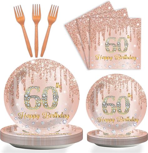 Amazon.com: 96 Pieces 60th Birthday Tableware Set for Pink Rose Gold ...