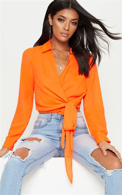 Neon Orange Wrap Front Tie Side Blouse Tops Orange Shirt Outfit