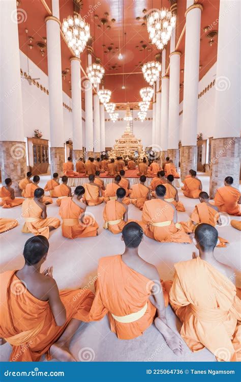 Buddhist Monks Evening Prayer Chanting In The Temple Editorial Photo