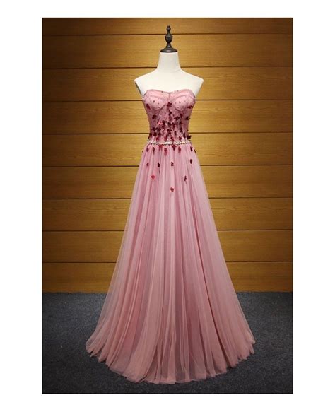 Special A Line Strapless Floor Length Tulle Prom Dress With Beading