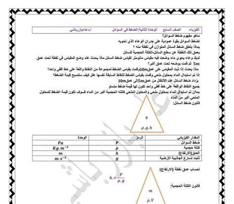 حل درس ضغظ السوائل في الفيزياء للصف السابع الفصل الثاني