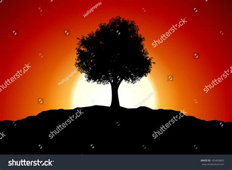 Sunset With Black Tree Silhouette Raster Version Stock Photo