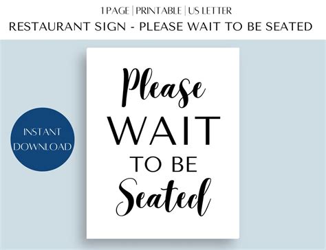 Please Wait To Be Seated Printable Sign Restaurant Sign Instant