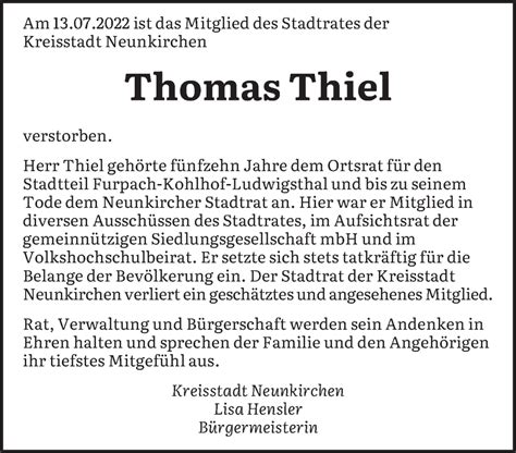 Traueranzeigen Von Thomas Thiel Saarbruecker Zeitung Trauer De