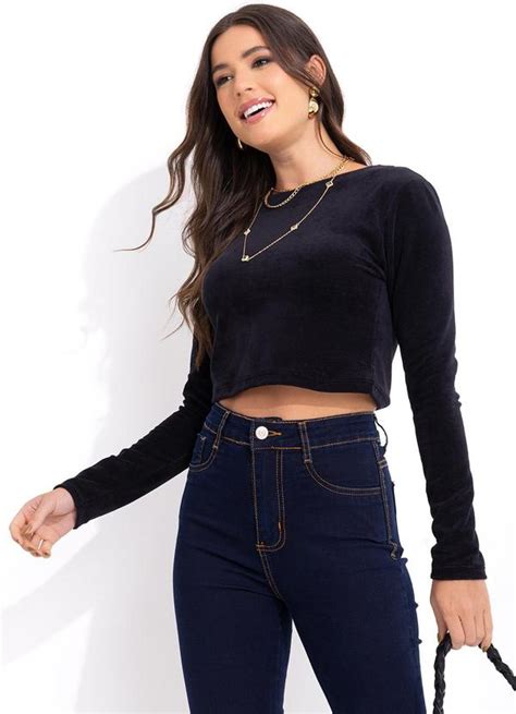 Blusa Preto Em Malha Plush Bimini