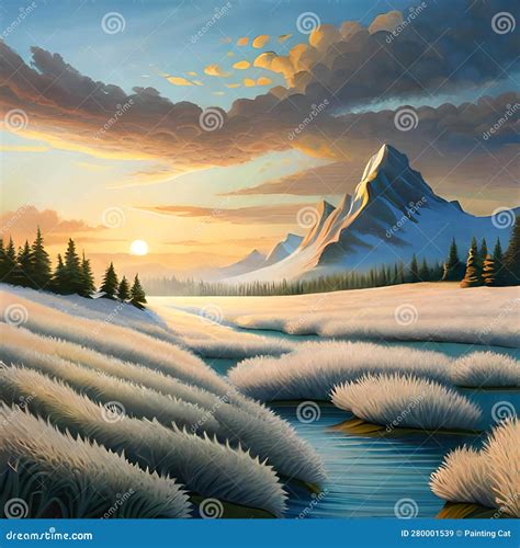 Fantasy Landscape With Mountain Lake And Forest At Sunset Stock