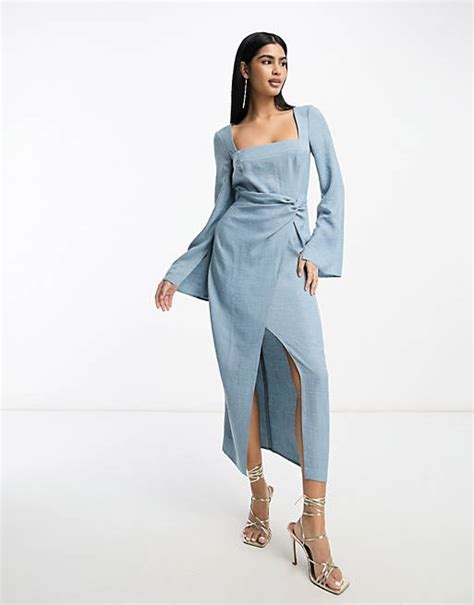 Asos Design Square Neck Fluted Sleeve Knot Detail Midi Dress In Denim