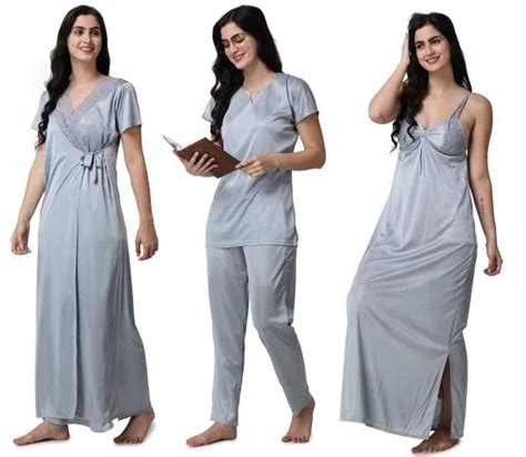 THUMKA Silver Nighty Set Sleepwear Dress Sett Sexy Nighty Hot Nighty Maxi For Women