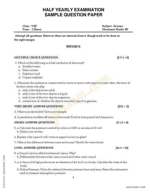 Class Science Sample Paper Half Yearly Th Science Half