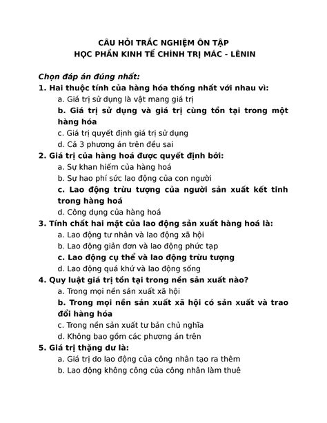 ĐÁp Án TrẮc NghiỆm Ktct Okkk CÂu HỎi TrẮc NghiỆm Ôn TẬp HỌc PhẦn Kinh TẾ ChÍnh TrỊ MÁc