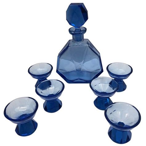 Blue Glass Decanter And 6 Small Glasses Bada