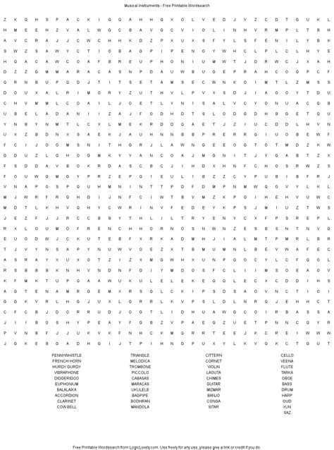 Musical Instruments Word Search Hard Logic Lovely