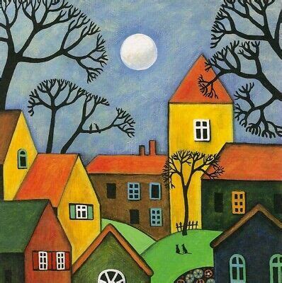 X Print Of Painting Ryta Abstract Folk Art Black Cat Crow Houses