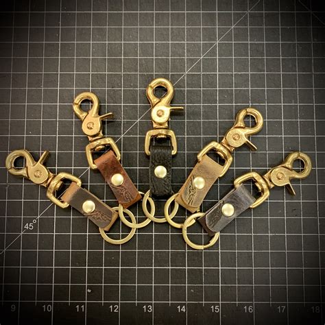 Swivel Snap raw Brass keychain with Bison Leather