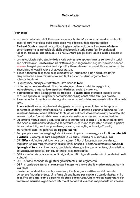 Metodologia dello studio della storia | Sintesi del corso di Storia