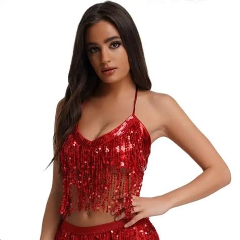 Belly Dance Hip Sequin Fringed Skirt With Bra Top Sequins Tassel Hip