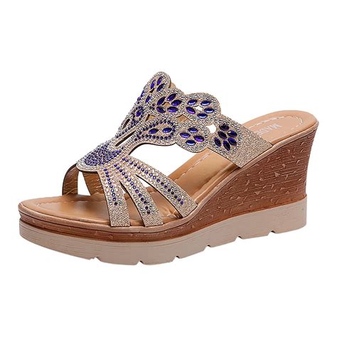 Jeashchat Womens Platform Wedge Sandals Rhinestones Wedges Slides Open