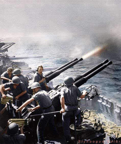 Us Navy Sailors Firing 40mm Anti Aircraft Guns On Board The Uss Hornet