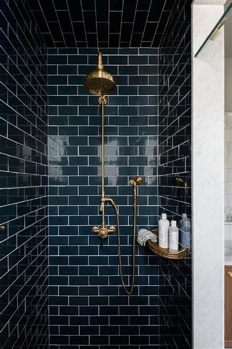 Small Walk In Shower With Deep Blue Subway Tiles Transitional Bathroom