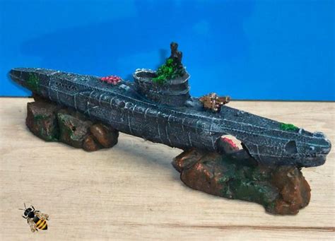 Submarine U Boat Rocks War Sub Wreck Ornament Aquarium Fish Tank