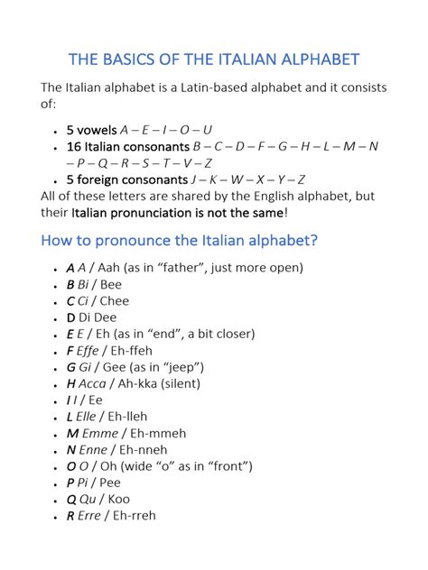 The Basics of The Italian Alphabet | PDF | Alphabet | Consonant