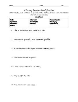 Literary Device Practice Worksheet by Powered by Books | TPT