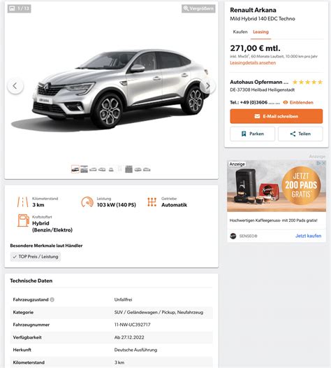 Renault Arkana im Leasing für mtl 271 brutto ntv Autoleasing