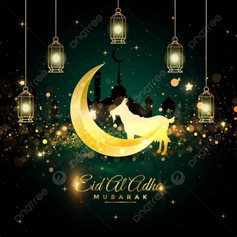 Happy Eid Al Adha Mubarak Islamic Moon Goat Lantern Golden Green