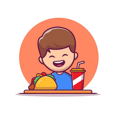 Un Chico Lindo Come Taco Y Bebe Dibujos Animados Vector Icono