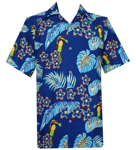 Hawaiian Shirt Mens Parrot Toucan Print Beach Aloha Party Dark Blue