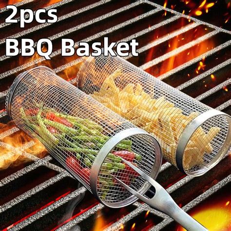 2pcs Cilíndrico Churrasco Cesta Aço Inoxidável Grill Outdoor BBQ