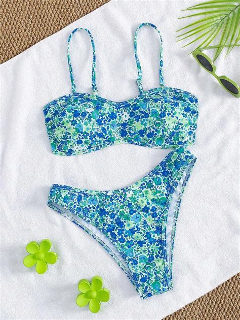 Two Pieces Of Women S Print Paired With Flat Chest Bikini Detachable Shoulder Strap Suitable