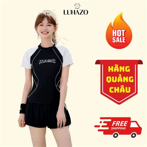 Bộ Đồ Bơi Nữ Bikini LUHAZO Mảnh Dáng Đùi Cộc Tay Màu Đen Phối Trắng Ghi Kín Đáo Đi Biển Phong
